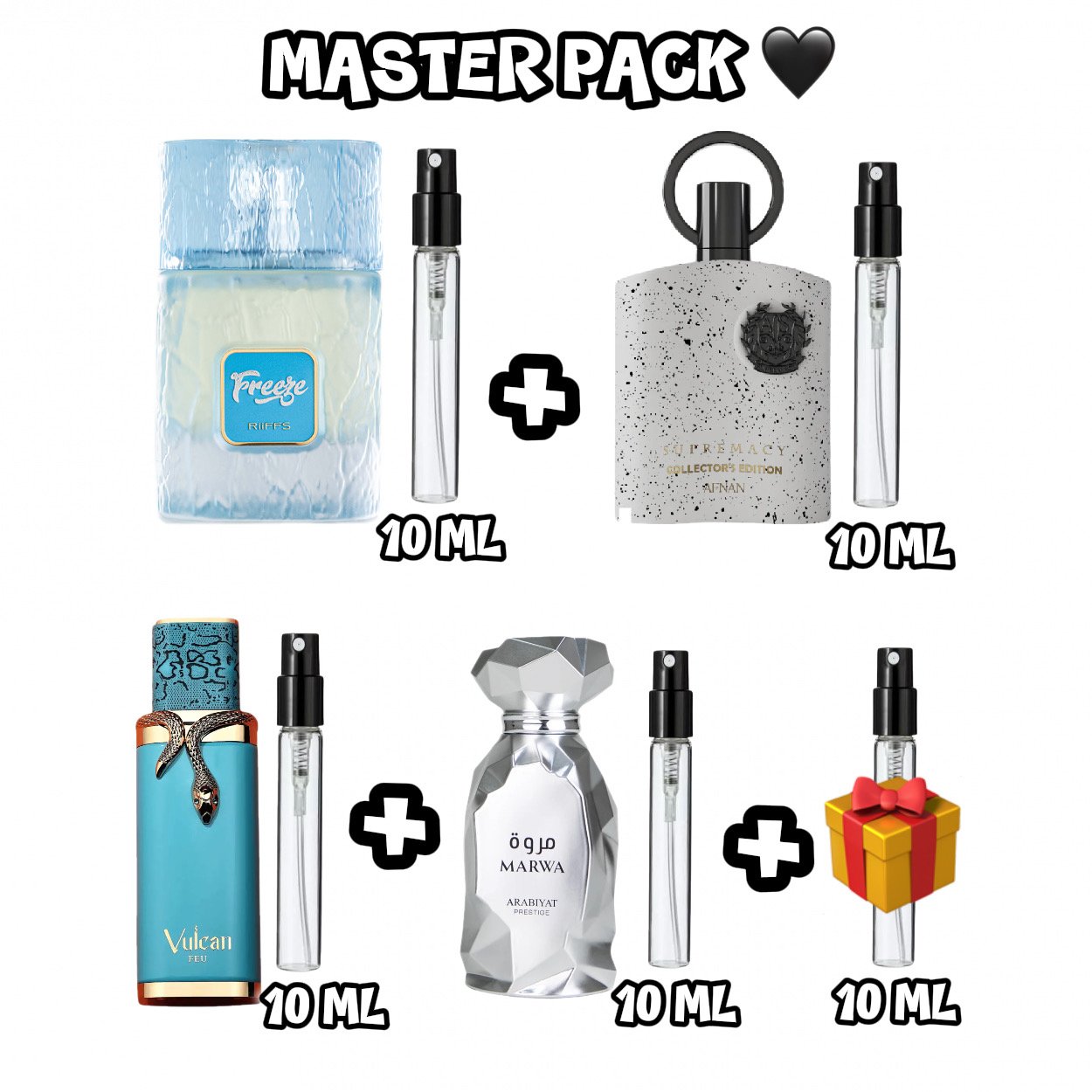 MASTER PACK : 10 ML VULCAN FEU + 10 ML MARWA ARABIYAT PRESTIGE + 10 ML RIIFFS FREEZE + 10 ML SUPREMACT COLLECTORS EDITION  + 10 ML CADEAU